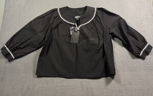 NWT Oliver.O Black Embroidered Trim Split Neck Blouse Top Women's Small